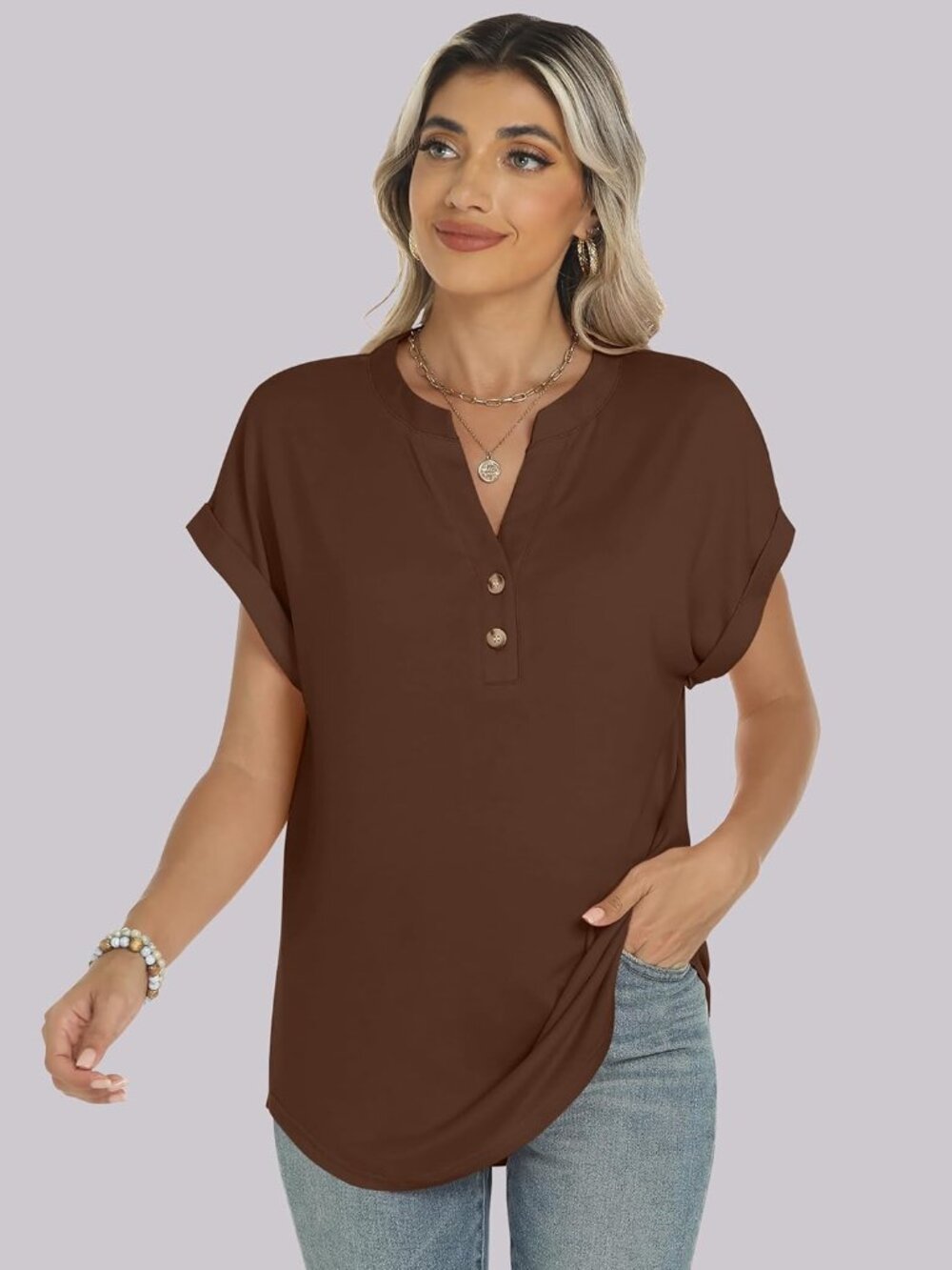 Women's Coffee Summer Short Sleeves Henley V Neck Comfortable Trendy Tee Shirts - Picture 6 of 6